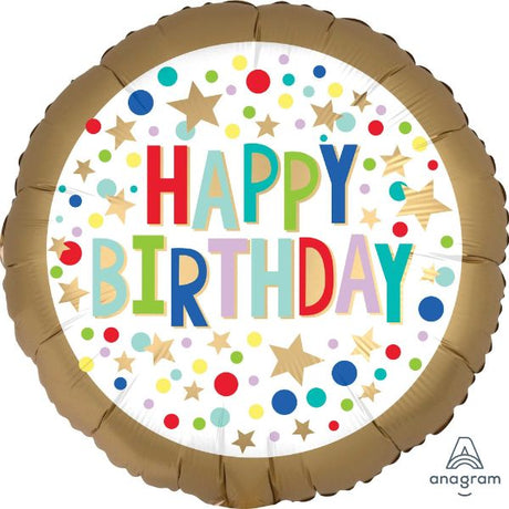 45cm gold satin birthday balloon with marquee dots, perfect for creating a festive and elegant celebration.