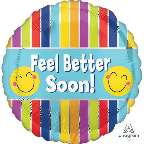 Vibrant 45cm foil balloon with 'Feel Better Soon' message and cheerful stripes, perfect for uplifting spirits.