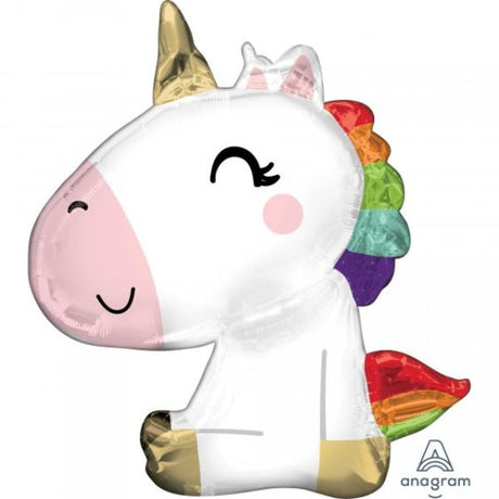 XL Satin Sitting Unicorn Balloon, 68cm x 73cm, vibrant design, self-sealing, perfect for magical celebrations.