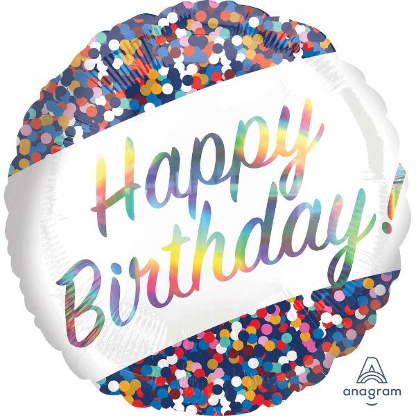 45cm holographic iridescent birthday balloon with confetti design, perfect for adding sparkle to celebrations.