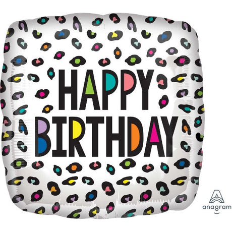 Vibrant 45cm Rainbow Leopard Happy Birthday Balloon with fun print, perfect for festive celebrations and party décor.