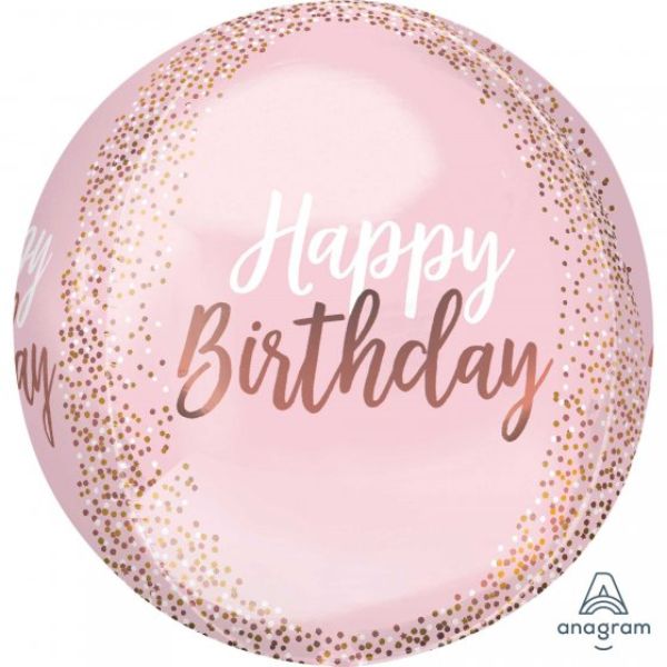 Self-sealing foil balloon in blush, 38cm x 40cm, featuring 'Happy Birthday' design for festive celebrations.