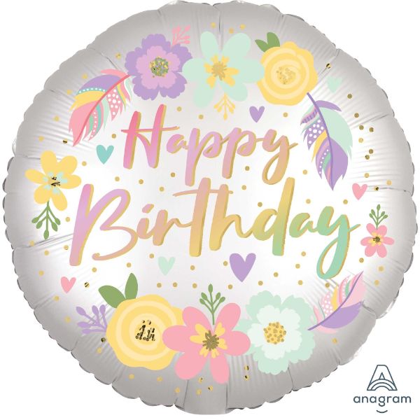 Balloon - 45cm Standard XL Boho Happy Birthday Satin Flowers