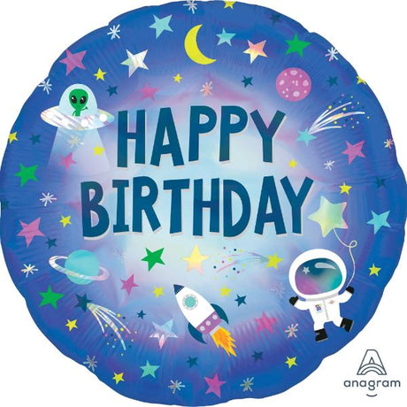 45cm holographic birthday balloon with outer space theme, self-sealing foil, vibrant colors, perfect for celebrations.