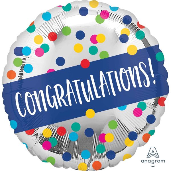 45cm silver dot foil balloon for celebrations, featuring self-sealing design and 'Congratulations' message.