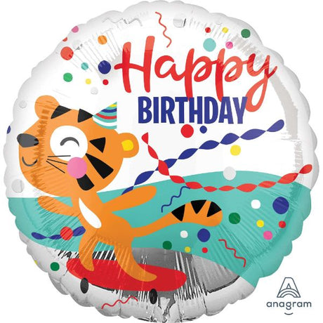 45cm Happy Birthday Tiger Balloon featuring a vibrant tiger design, perfect for festive kids' parties and celebrations.