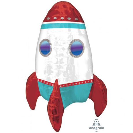 Vibrant 40cm x 53cm self-sealing foil balloon designed as a rocket ship, perfect for space-themed parties and kids' rooms.