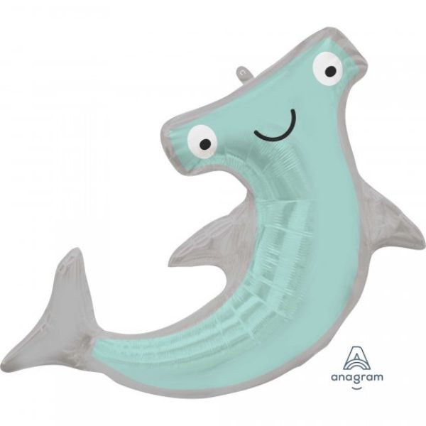 Vibrant SuperShape Hammerhead Shark balloon, 104cm x 71cm, perfect for ocean-themed parties and celebrations.