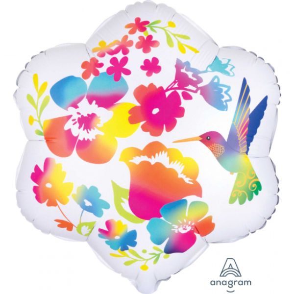 Vibrant 45cm square balloon featuring watercolour flowers and a hummingbird, perfect for festive celebrations.