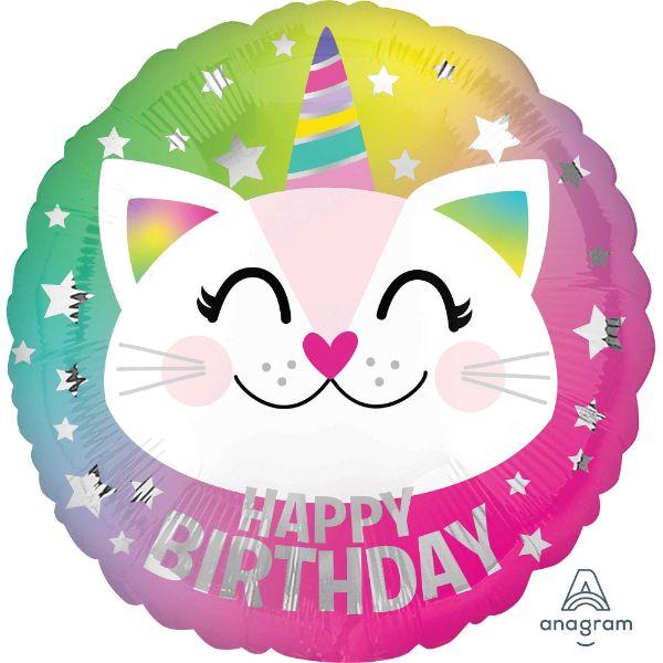 45cm Caticorn balloon featuring a colorful cat-unicorn design for magical birthday celebrations.