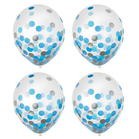 Pack of 6 blue and silver confetti latex balloons, each 30cm, perfect for adding fun to any celebration.