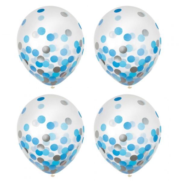 Pack of 6 blue and silver confetti latex balloons, each 30cm, perfect for adding fun to any celebration.