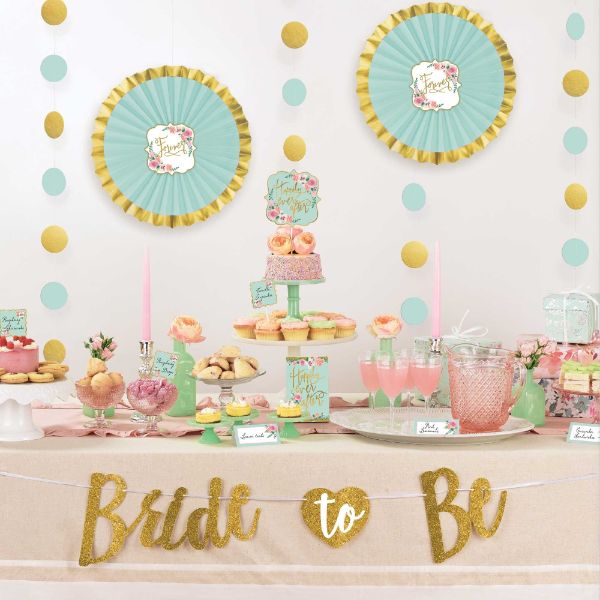 Mint To Be Buffet Table Decorating Kit featuring tent cards, picks, glitter banner, and hanging decorations for vibrant celebrations.
