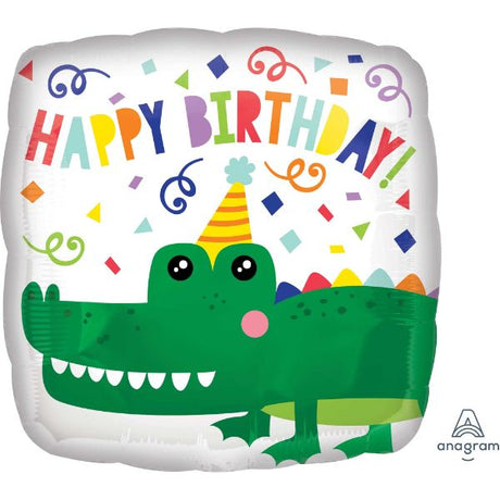 45cm self-sealing foil balloon featuring a colorful gator design for happy birthday celebrations.