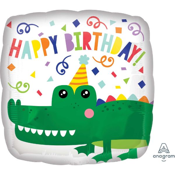 45cm self-sealing foil balloon featuring a colorful gator design for happy birthday celebrations.