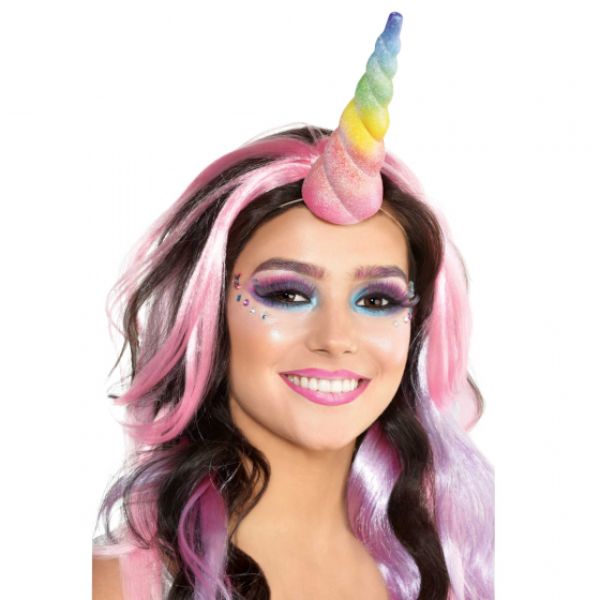 Colorful unicorn horn made of glittered cardboard, perfect for dress-up and festive celebrations.