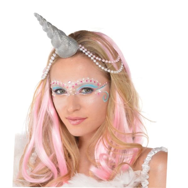 Sparkling silver glittered unicorn horn headband for magical celebrations and themed parties.