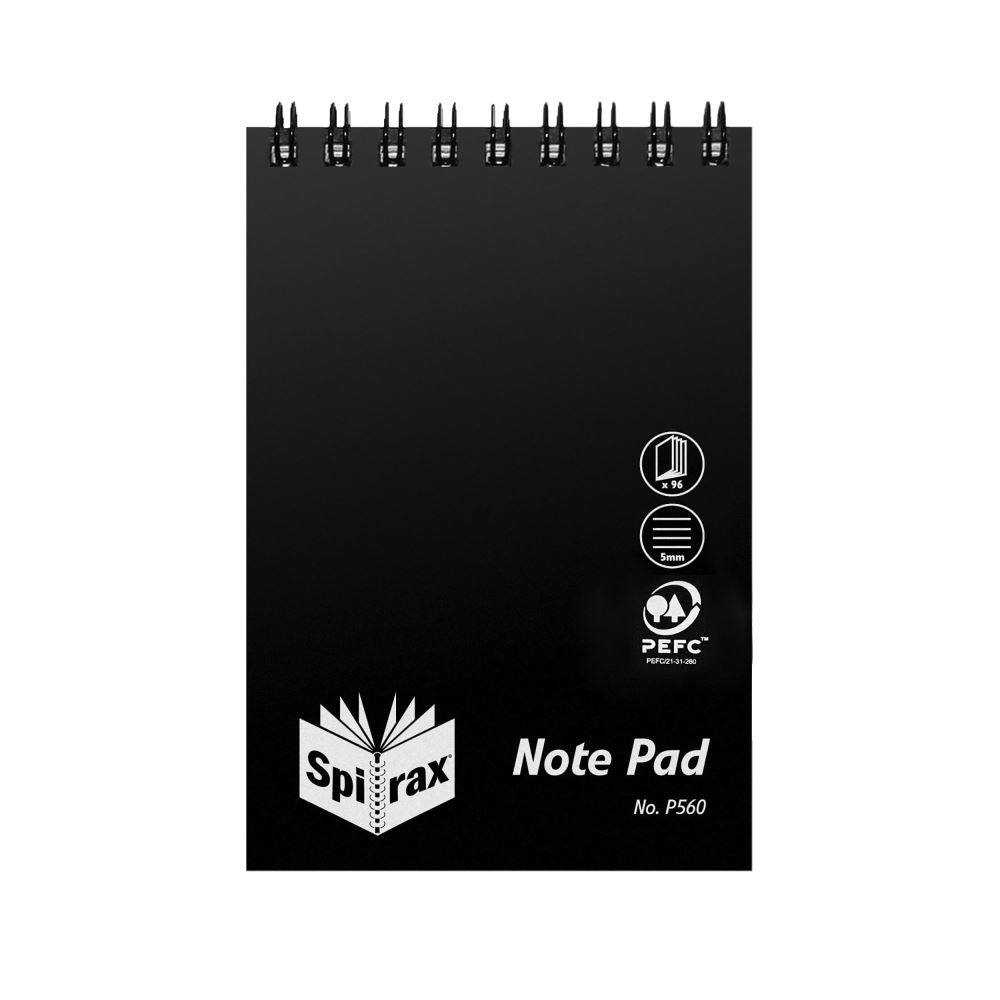 Spirax P560 black notebook with 96 ruled pages, top-bound, durable cover, compact size for on-the-go note-taking.