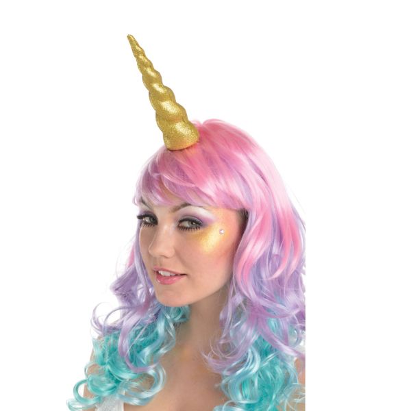 Gold glittered unicorn horn made of cardboard, perfect for party hats or costume accessories.