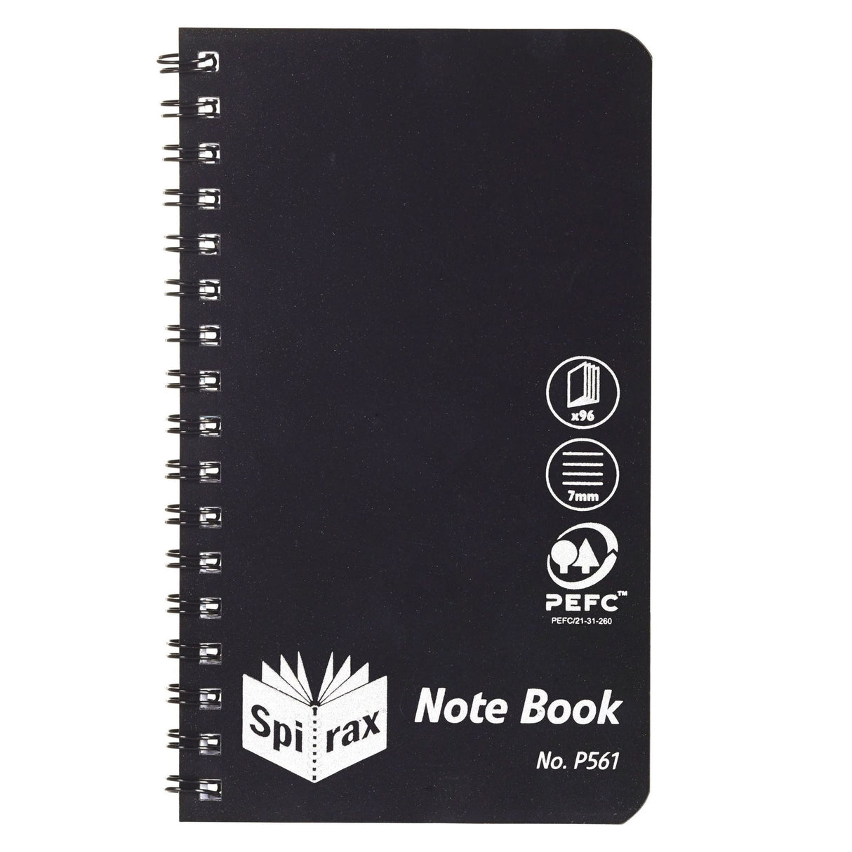 Spirax P561 black PP notebook, 147x87mm, 96 ruled pages, durable wiro binding, stylish silver icons on cover.