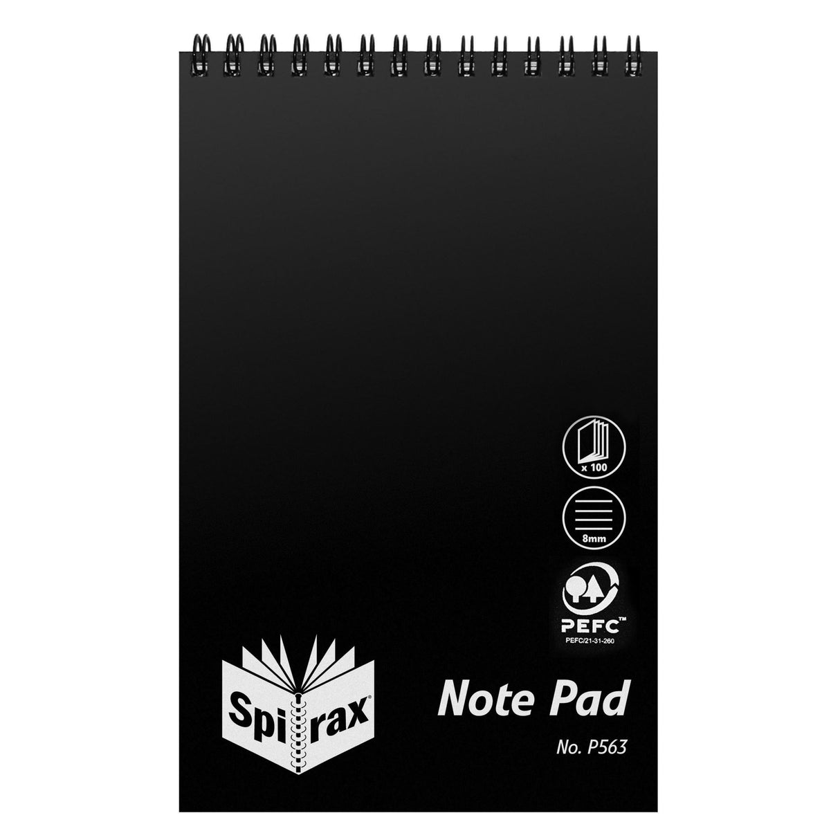 SPIRAX P563 black PP notebook, top-opening, 100 ruled pages, durable cover, wiro binding for flat writing.