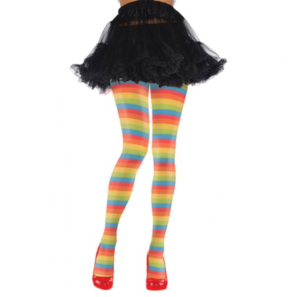 Colorful rainbow striped clown tights for adults, perfect for costumes and festive occasions.