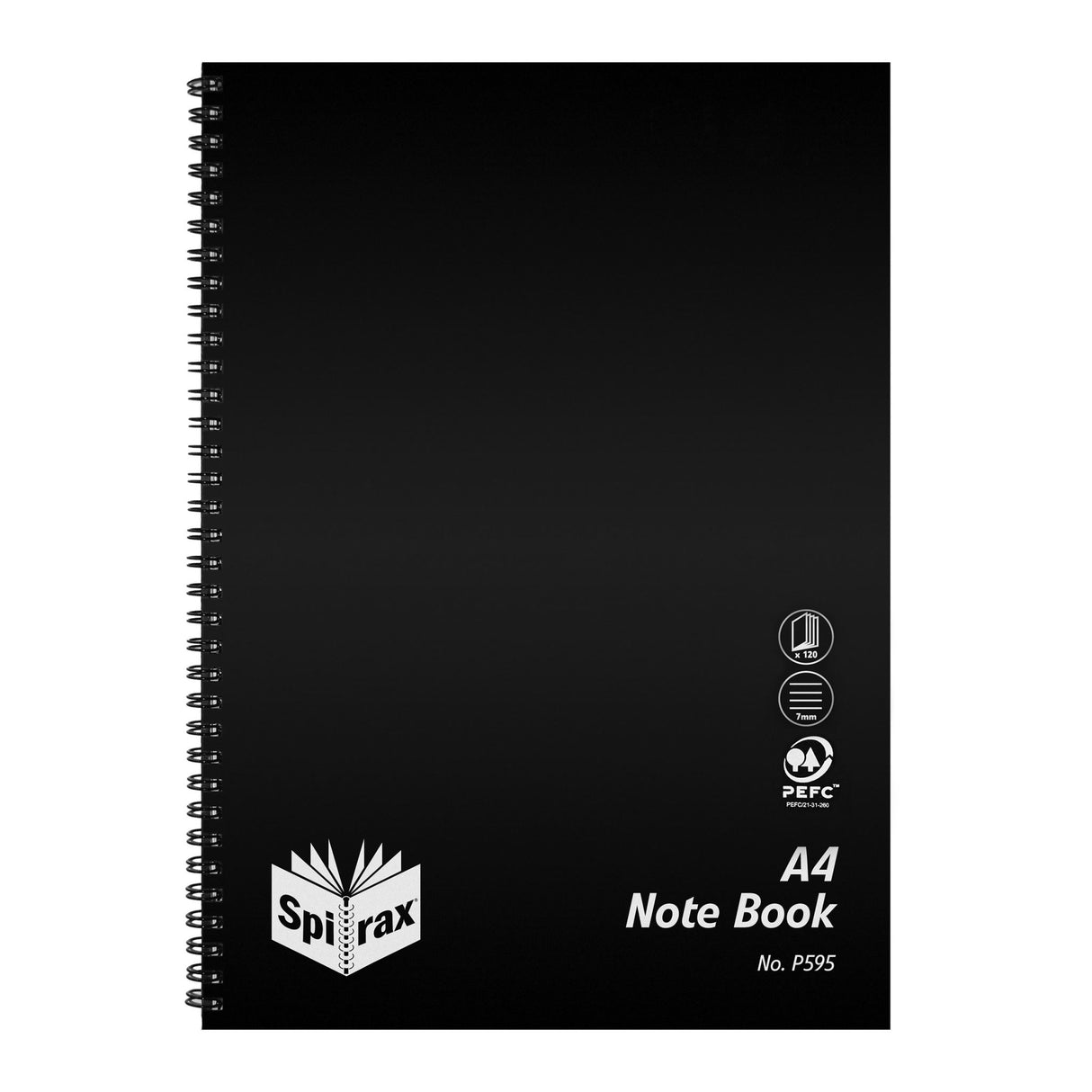 Spirax P595 black polypropylene A4 notebook with 120 ruled pages, side-opening design, and sturdy wiro binding.