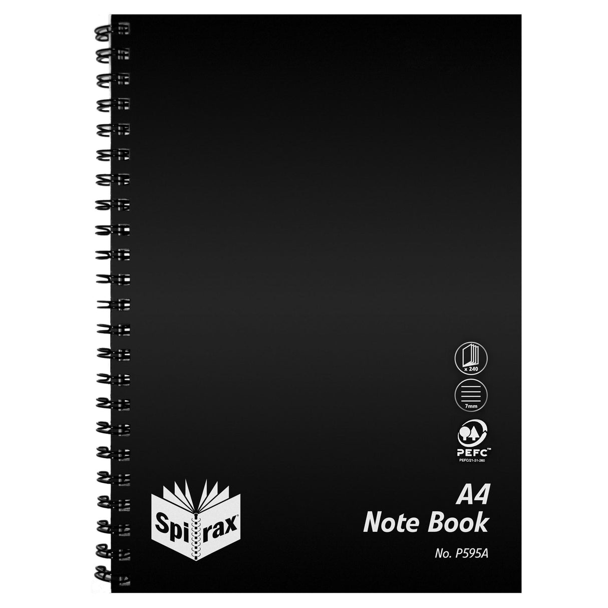 Spirax P595a A4 notebook, side opening, 240 pages, durable black cover, 7mm ruled lines for organized writing.