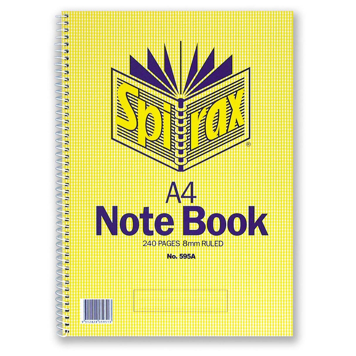 Spirax 595A A4 notebook with 240 pages, side opening, 7mm ruled lines, durable covers, and bonus calendar.