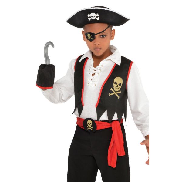 Child's pirate costume kit featuring vest, hook, sash, eye patch, and belt buckle for imaginative play and adventures.