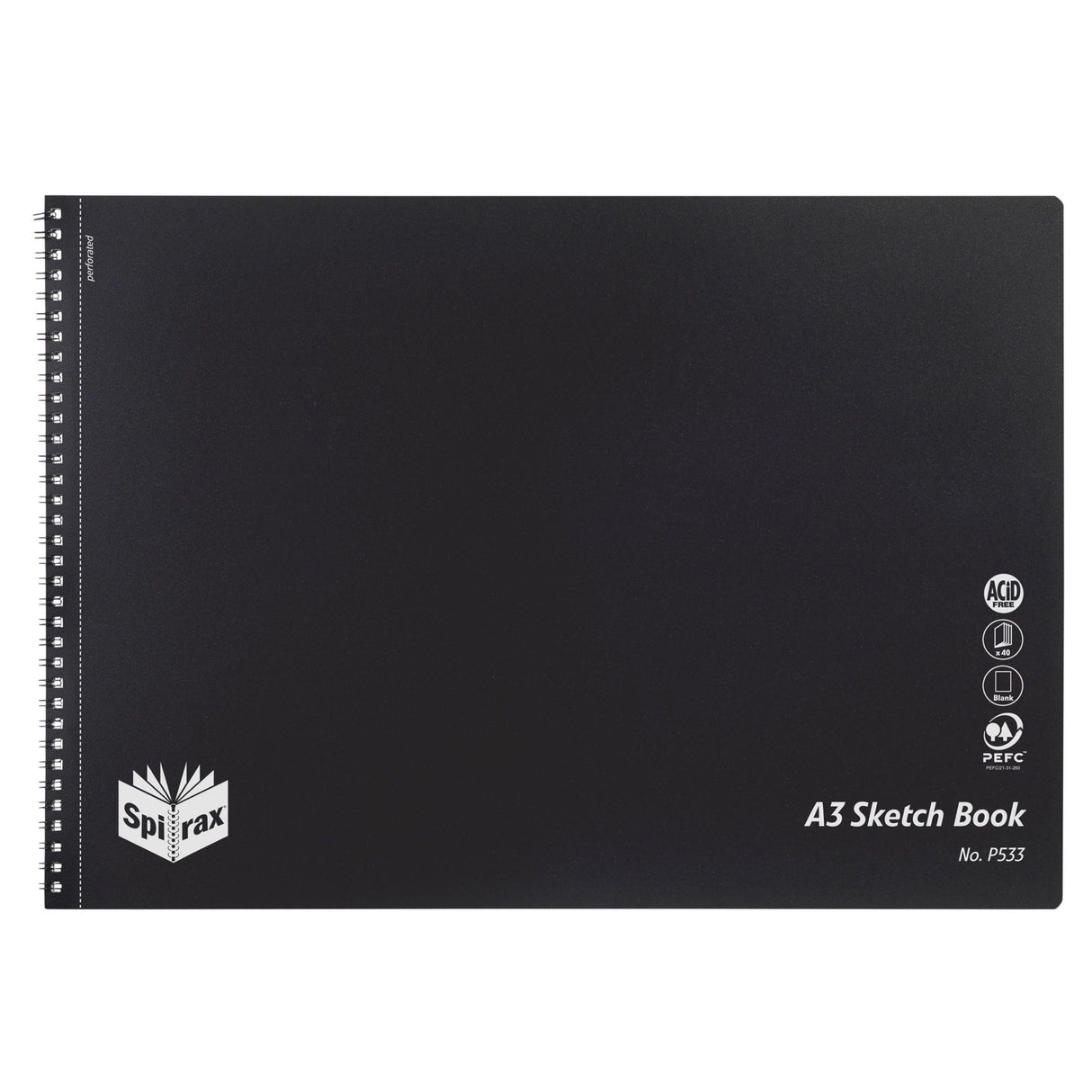 Spirax P533 A3 sketchbook with 40 acid-free pages, side-bound, durable black cover, ideal for artists and notes.