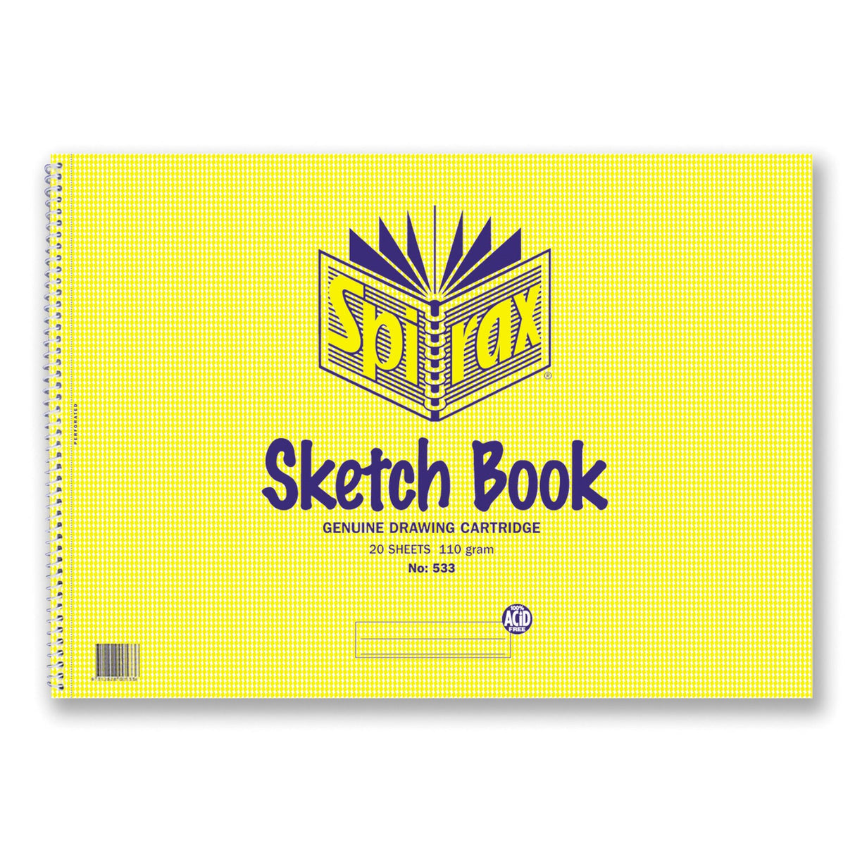 Spirax 533 A3 sketchbook featuring 20 perforated sheets of acid-free 110gsm paper, ideal for various art mediums.