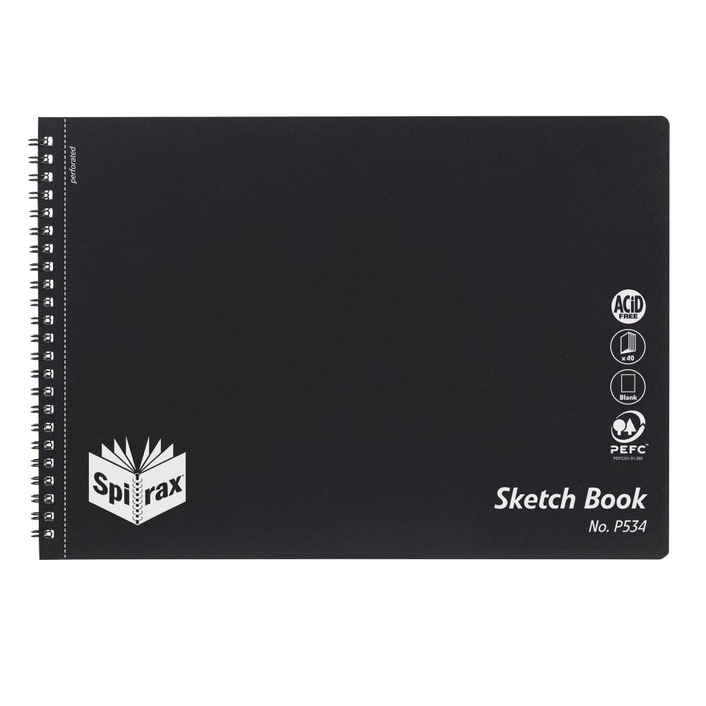 Spirax P534 A4 sketchbook with 40 acid-free pages, sturdy wire binding, and elegant silver icons on a black cover.