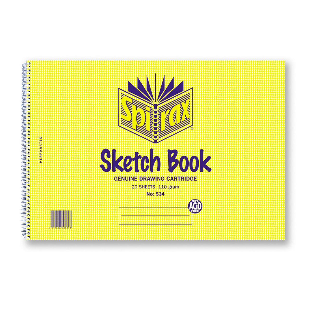 Spirax 534 A4 Sketch Book with 20 sheets of acid-free 110gsm paper, side-opening, spiral binding, and perforated pages.