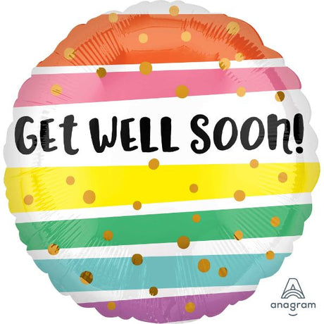 45cm Get Well Soon balloon with vibrant bold stripes, perfect for lifting spirits and encouraging recovery.