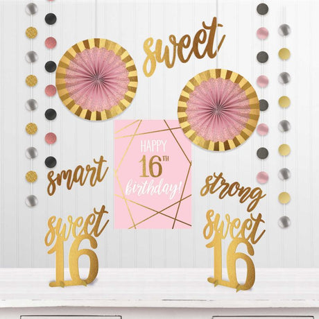 Elegant Sixteen Blush Room Decorating Kit with hanging decorations, centerpieces, paper fans, and cutouts for celebration