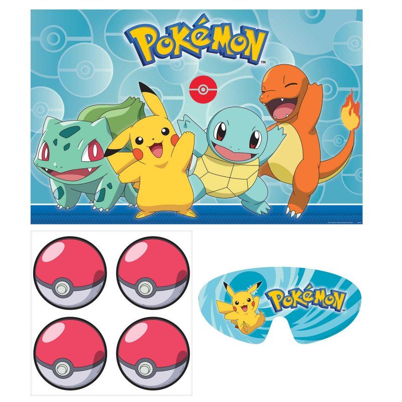 Pokemon Classic Party Game with vibrant board, 8 stickers, and a blindfold for fun, interactive gameplay for all ages.