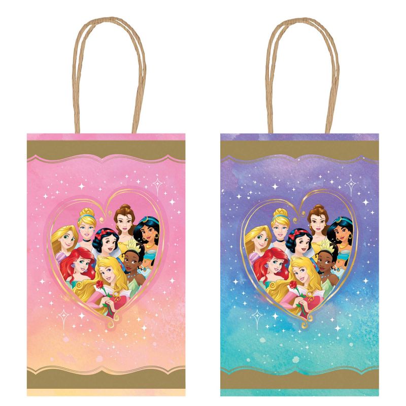 Pack of 8 Disney Princess Kraft paper bags with hot-stamped designs, perfect for parties and gifting.