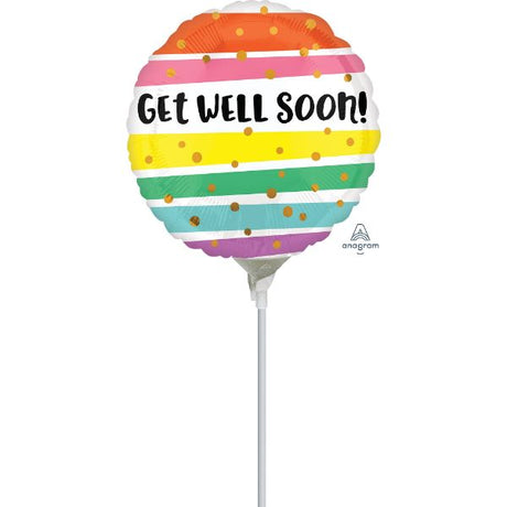 Get Well Soon balloon with bold stripes, 22cm, perfect for cheering up loved ones in recovery.
