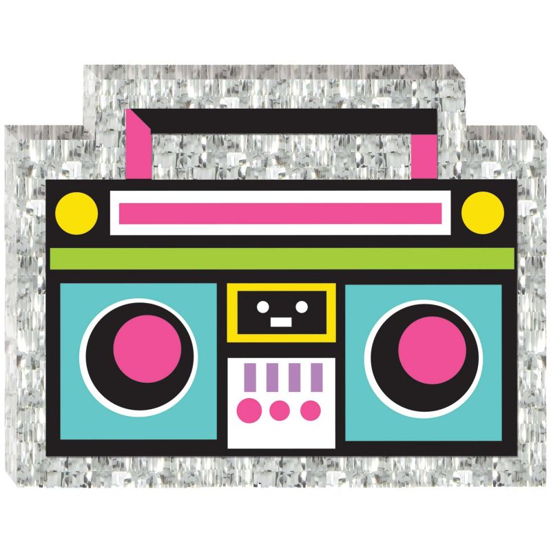 A vibrant 80's mini boom box decoration, perfect for retro-themed parties, adding nostalgia and fun to any setup.