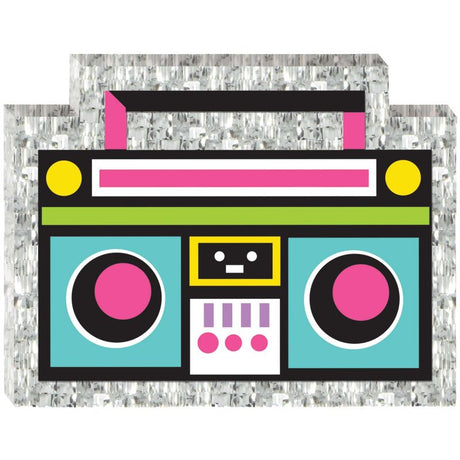 A vibrant 80's mini boom box decoration, perfect for retro-themed parties, adding nostalgia and fun to any setup.