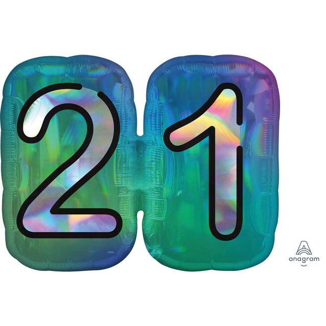 Holographic 21 foil balloon, 61cm x 66cm, perfect for 21st birthday celebrations with a vibrant, eye-catching design.