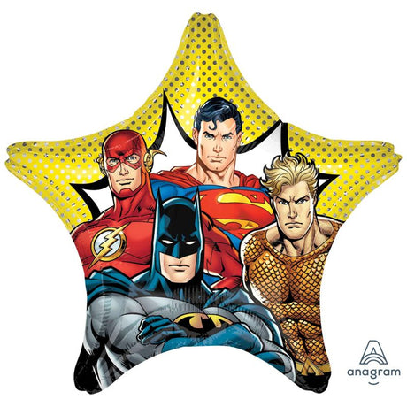 71cm Jumbo Hx Justice League foil balloon featuring iconic superheroes, perfect for themed parties and celebrations.