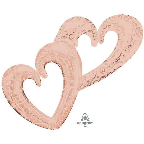 Rose gold interlocking hearts balloons perfect for weddings and anniversaries, adding elegance to any celebration.