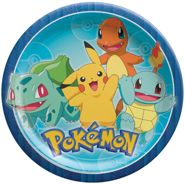 Colorful Pokemon-themed round paper plates, 9 inches, ideal for parties, pack of 8 for easy serving and cleanup.