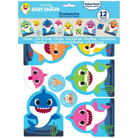 Pack of 12 Baby Shark cutouts in vibrant designs, perfect for party decor and celebrations, ranging from 8cm to 28cm.