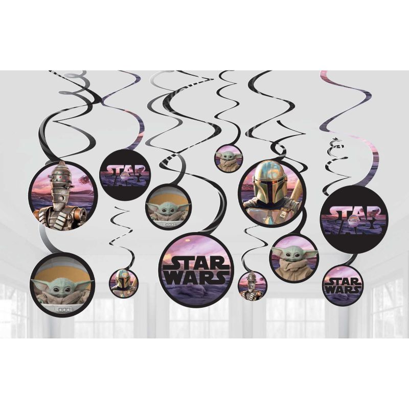 Colorful Mandalorian spiral swirl decorations featuring iconic character cutouts, perfect for themed parties and celebrations.