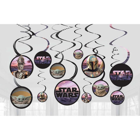 Colorful Mandalorian spiral swirl decorations featuring iconic character cutouts, perfect for themed parties and celebrations.