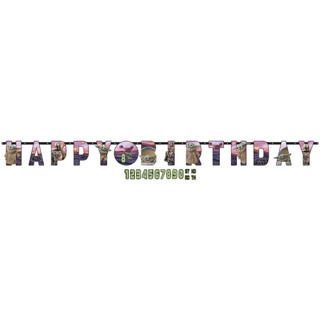Jumbo Mandalorian birthday banner with customizable age, featuring vibrant Star Wars graphics for epic celebrations.