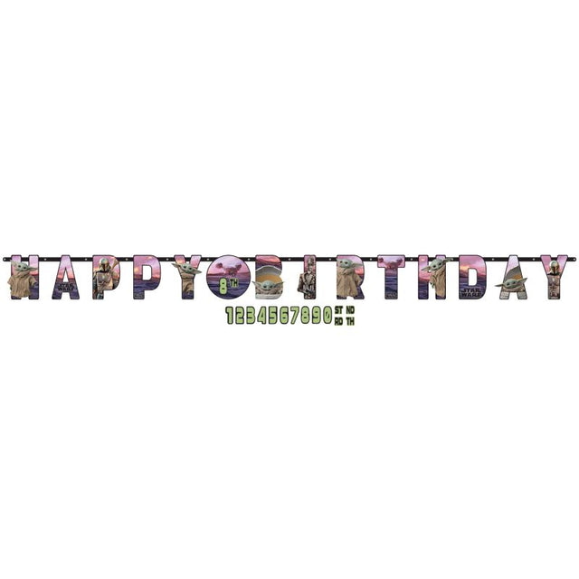 Jumbo Mandalorian birthday banner with customizable age, featuring vibrant Star Wars graphics for epic celebrations.